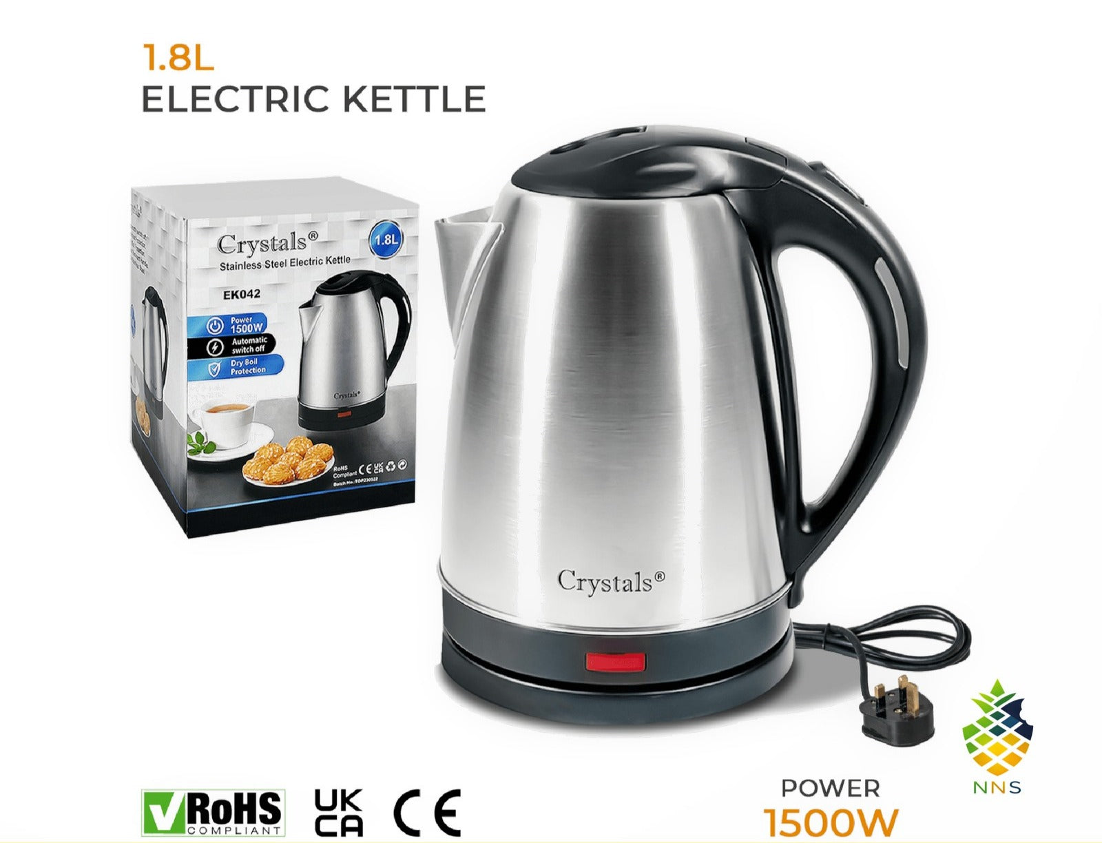 1.8L Stainless Steel Electric Kettle 1500W Fast Boil Cordless Auto Shut-Off UK