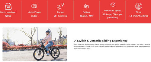 KOOLUX X3 Adult Electric Bike 26 Inch Tire 48V 250W E Mountain Bike City Cruise