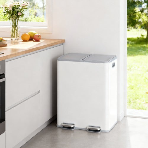 Kitchen Recycling Bin 2x30L 60L Pedal Soft Close Lid Stainless Steel White UK