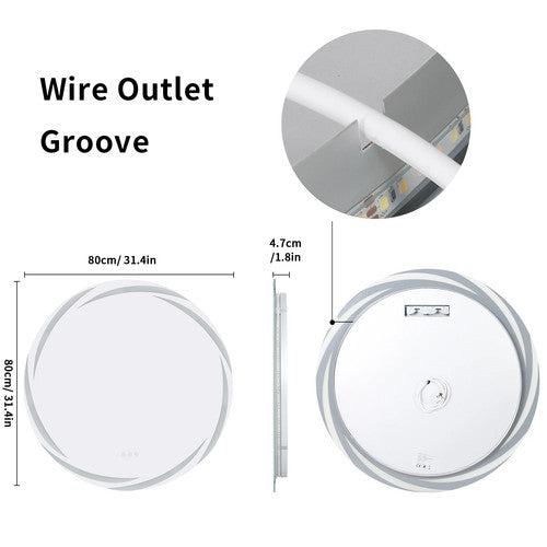 Round LED Bathroom Modern Vanity Mirror 2 Sizes Fogless 3 Colors Lights Silver