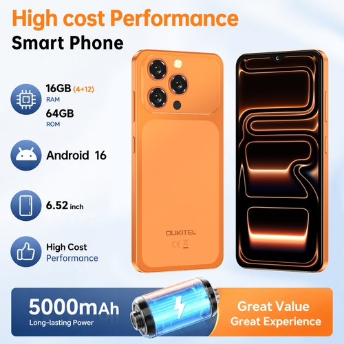 OUKITEL C17 Smartphone 16GB+64GB 6.52" 5000mAh 13MP Android 4G Unlocked UK - Orange