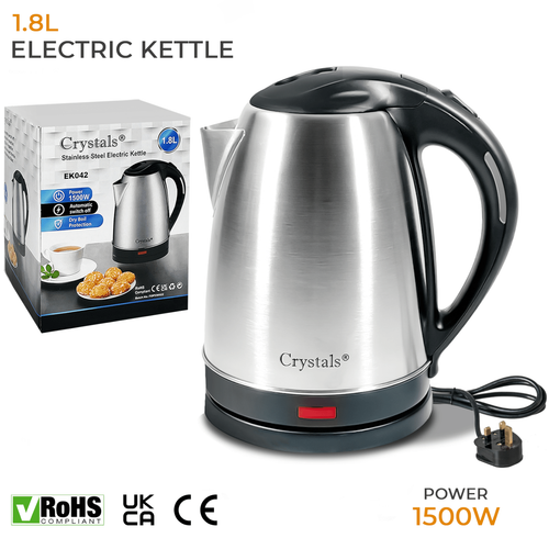 1.8L Stainless Steel Electric Kettle 1500W Fast Boil Cordless Auto Shut-Off UK