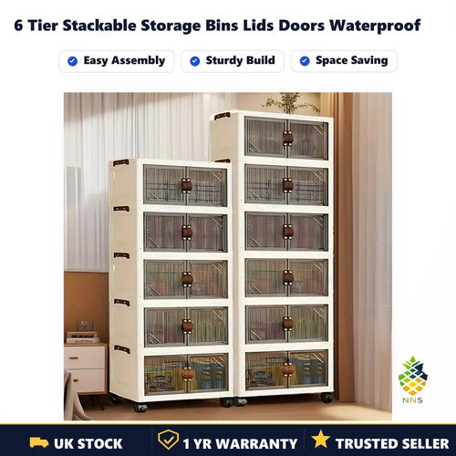 6 Tier Stackable Storage Bins Lids Doors Waterproof Organiser Boxes 55x32x165cm