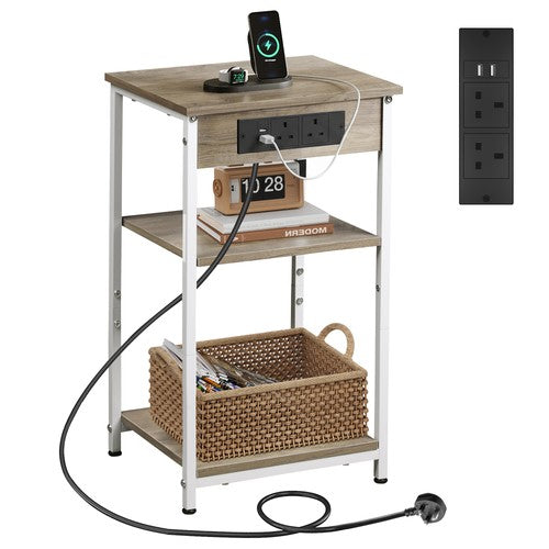 3-Tier Side Table with Charging Station End Table Adjustable Shelf Bedroom UK