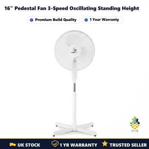 16" Pedestal Fan 3-Speed Oscillating Standing Height Adjustable Home Office UK