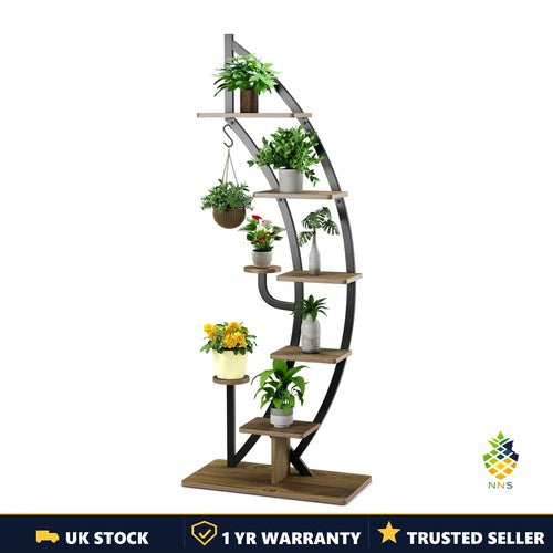 6-Tier Metal Plant Stand Half-Moon Ladder Flower Pot Rack with Hook Black UK