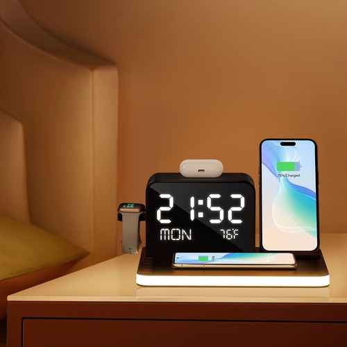 7 in 1 Wireless Charging Station Dual Phone Dock Clock Light Fast Charger UK