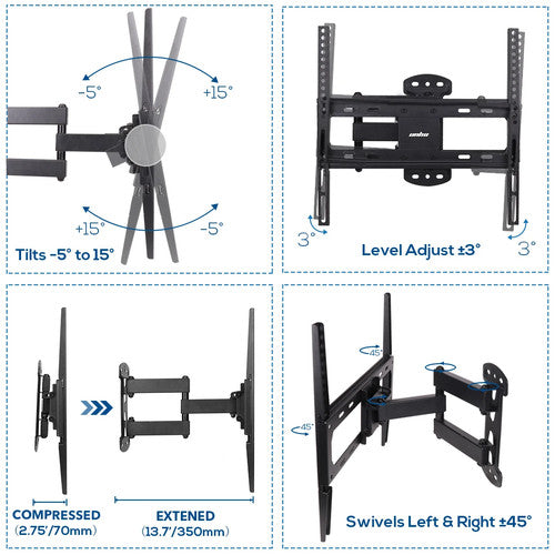 unho UH2377-RBS Tilting Swivel TV Wall Bracket Mount 32-55 Inch UK 30kg - black