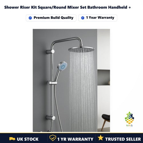 Shower Riser Kit Square/Round Mixer Set Bathroom Handheld + 8" Overhead Chrome