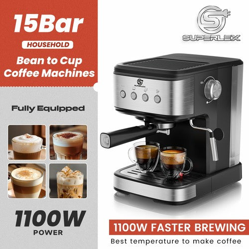 SUPERLEX Italian Style Coffee Machine 1.5L 1100W Milk Frother Latte Cappuccino