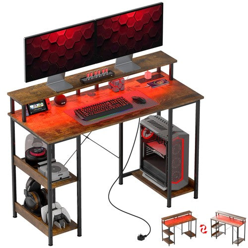 Computer Desk Power Outlets LED Lights 120x50cm Storage Monitor Stand Rustic UK