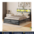King Size Bed Frame LED Headboard Storage Shelves USB Ports Sockets Grey Metal