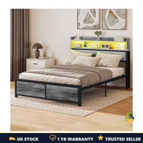 King Size Bed Frame LED Headboard Storage Shelves USB Ports Sockets Grey Metal