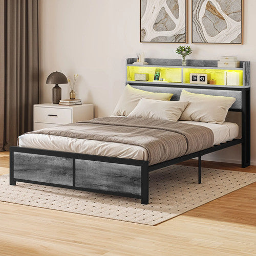King Size Bed Frame LED Headboard Storage Shelves USB Ports Sockets Grey Metal