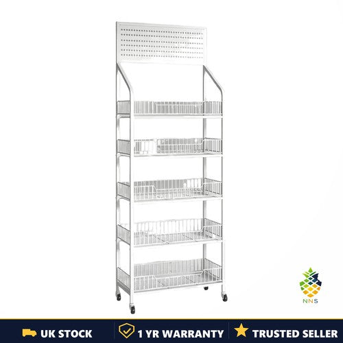 5-Tier Freestanding Display Rack Mesh Panel Metal Stand 10 Hooks Wheels White UK