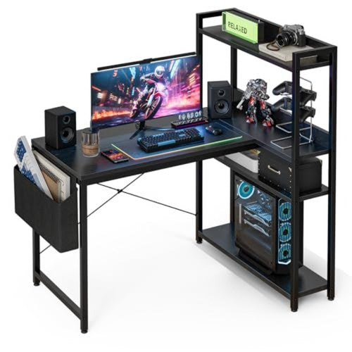 L-Shaped Gaming Desk 100x80cm Corner Computer Desk Storage Shelves Hutch Black U