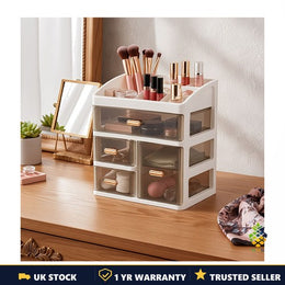 Transparent 4-Compartment Desktop Organiser Drawers Makeup Stationery Storage UK