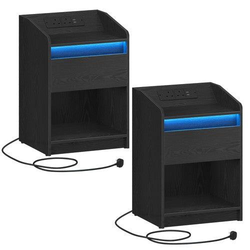 Bedside Table LED Charging Drawer 2 USB 2 Sockets Set of 2 Black or White UK - Black