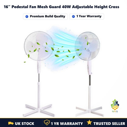 16" Pedestal Fan Mesh Guard 40W Adjustable Height Cross Base Home Office UK
