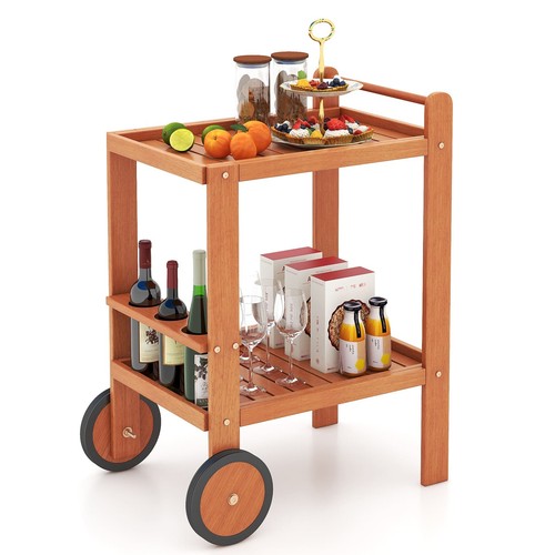 Wood Bar Cart 2-Tier Rolling Serving Trolley Wine Bottle Holders Kitchen UK