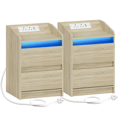 Bedside Table with LED Lights Charging Station 2 Drawers USB Ports Sockets UK