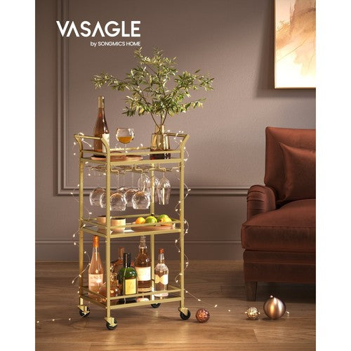 Mini Bar Cart Gold 3-Tier Drinks Trolley Wine & Glass Holders Small Spaces UK