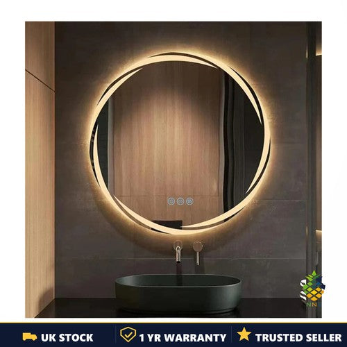 Round LED Bathroom Modern Vanity Mirror 2 Sizes Fogless 3 Colors Lights Silver