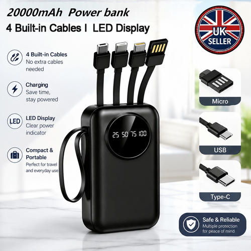 20000mAh Power Bank Portable Charger LED Display Dual Output USB Fast Charge UK