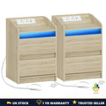 Bedside Table with LED Lights Charging Station 2 Drawers USB Ports Sockets UK
