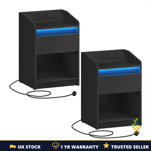 Bedside Table LED Charging Drawer 2 USB 2 Sockets Set of 2 Black or White UK
