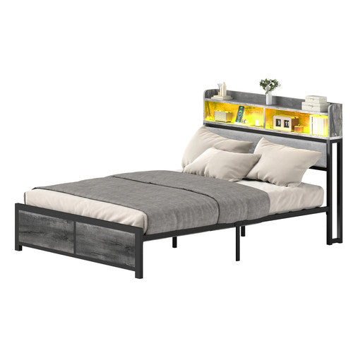 King Size Bed Frame LED Headboard Storage Shelves USB Ports Sockets Grey Metal