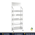 5-Tier Freestanding Display Rack Mesh Panel Metal Stand 10 Hooks Wheels White UK