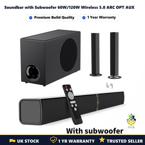 Soundbar with Subwoofer 60W/120W Wireless 5.0 ARC OPT AUX Home Theater UK