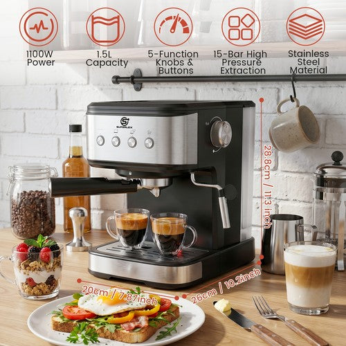 SUPERLEX Italian Style Coffee Machine 1.5L 1100W Milk Frother Latte Cappuccino