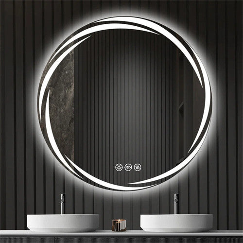 Round LED Bathroom Modern Vanity Mirror 2 Sizes Fogless 3 Colors Lights Silver