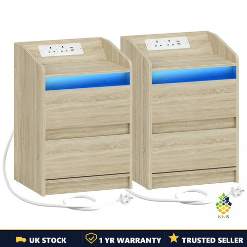 Bedside Table with LED Lights Charging Station 2 Drawers USB Ports Sockets UK