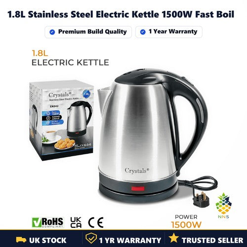 1.8L Stainless Steel Electric Kettle 1500W Fast Boil Cordless Auto Shut-Off UK