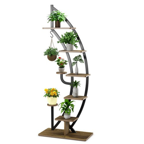 6-Tier Metal Plant Stand Half-Moon Ladder Flower Pot Rack with Hook Black UK