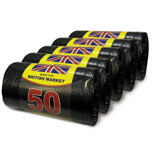 250 Heavy Duty Black Bin Liners 75L 5 Rolls 50 Per Roll 72x85cm Sacks UK