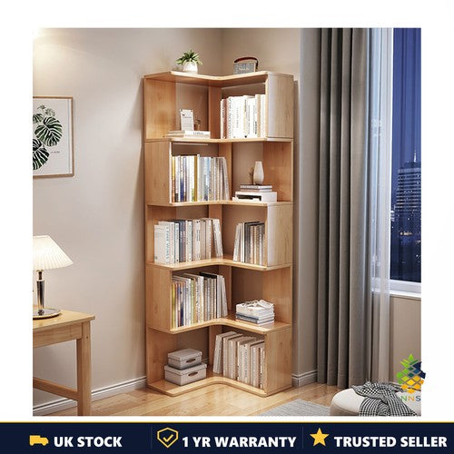 5-Tier Narrow Corner Bookshelf L-Shaped Freestanding Wood Storage 40x40x162cm UK