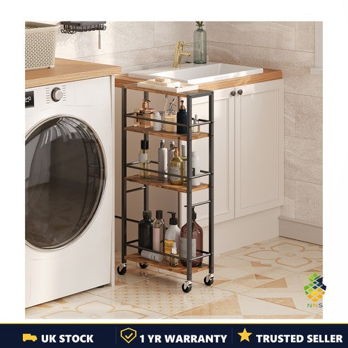4-Tier Rolling Service Cart Utility Trolley with Rails Brakes Kitchen Dining UK