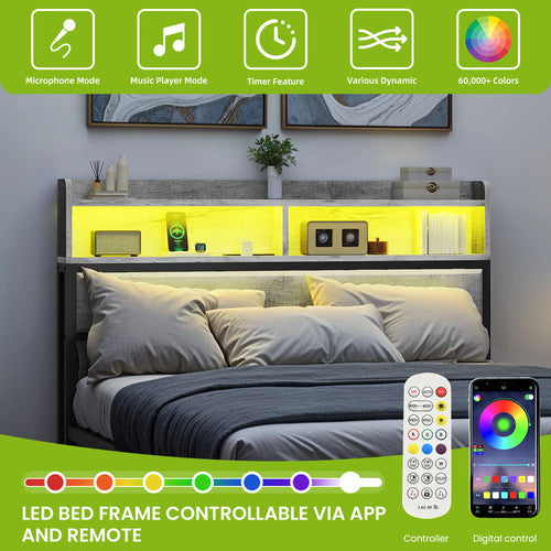 King Size Bed Frame LED Headboard Storage Shelves USB Ports Sockets Grey Metal