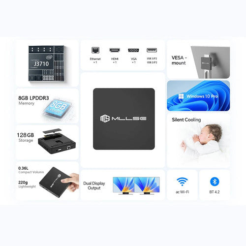 MLLSE M2 Pro Fast Mini PC Intel J3710 8GB 128GB Dual Band WiFi 5 BT 4.2