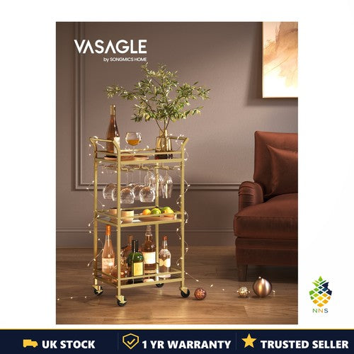 Mini Bar Cart Gold 3-Tier Drinks Trolley Wine & Glass Holders Small Spaces UK
