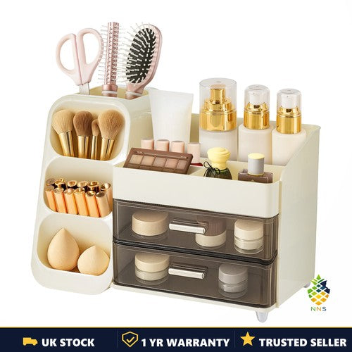 Makeup Cosmetic Storage Organiser White 2 Drawers Brush Holder Vanity Box UK