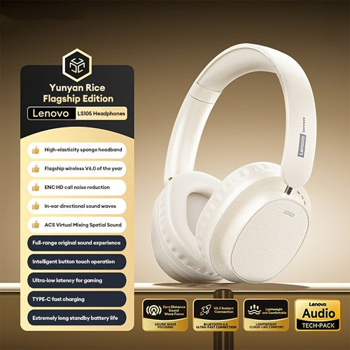 Lenovo LS105 Wireless Headphones Bluetooth 6.0 ENC Hi-Fi Over-Ear Foldable UK