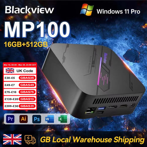 Blackview MP100 Mini PC AMD 7430U 16GB 512GB SSD WiFi 6 Windows 11 Pro UK
