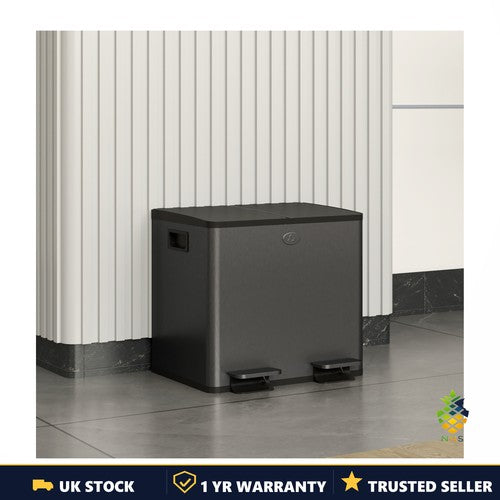 Dual Kitchen Bin 2x15L Stainless Steel Recycling Soft Close Lid Black 30L UK