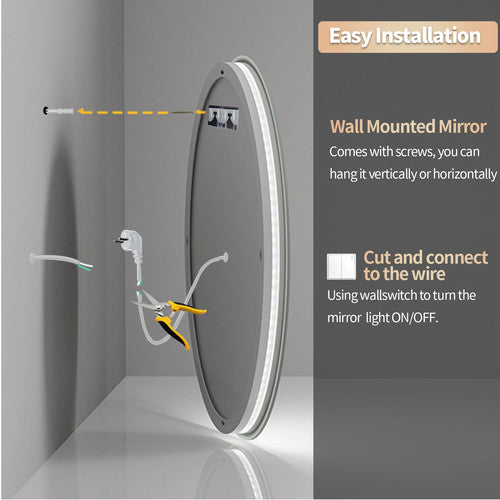 Round LED Bathroom Modern Vanity Mirror 2 Sizes Fogless 3 Colors Lights Silver
