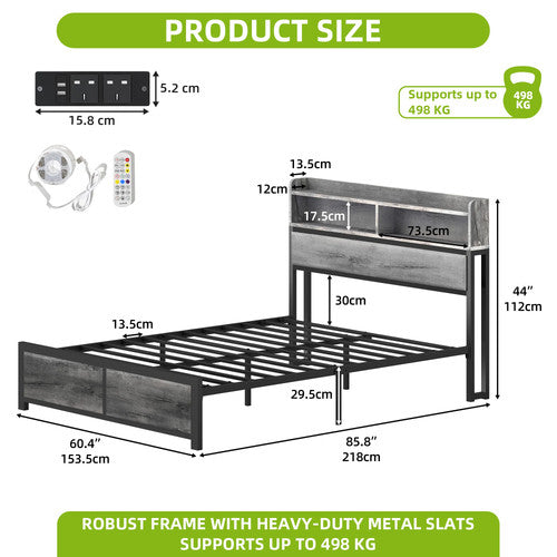 King Size Bed Frame LED Headboard Storage Shelves USB Ports Sockets Grey Metal